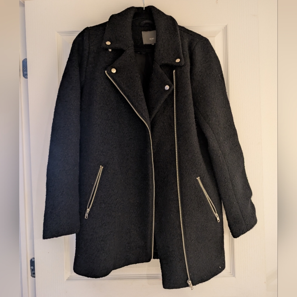 Ichi Women's Black Biker Wool Coat Bouclée Wool Coat